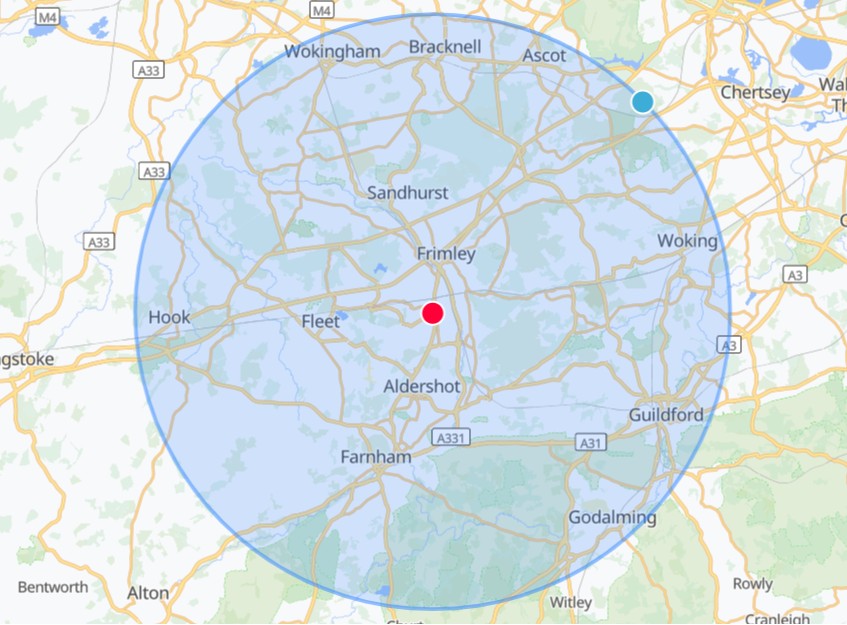 15 miles service area radius around Farnborough for ClearSpace Home home organisation services